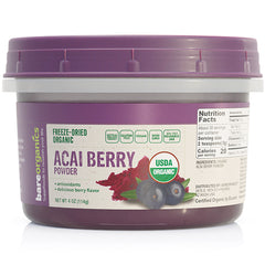 BOR009 | Front view of jar of freeze-dried organic acai berry powder with purple lid and USDA Organic label