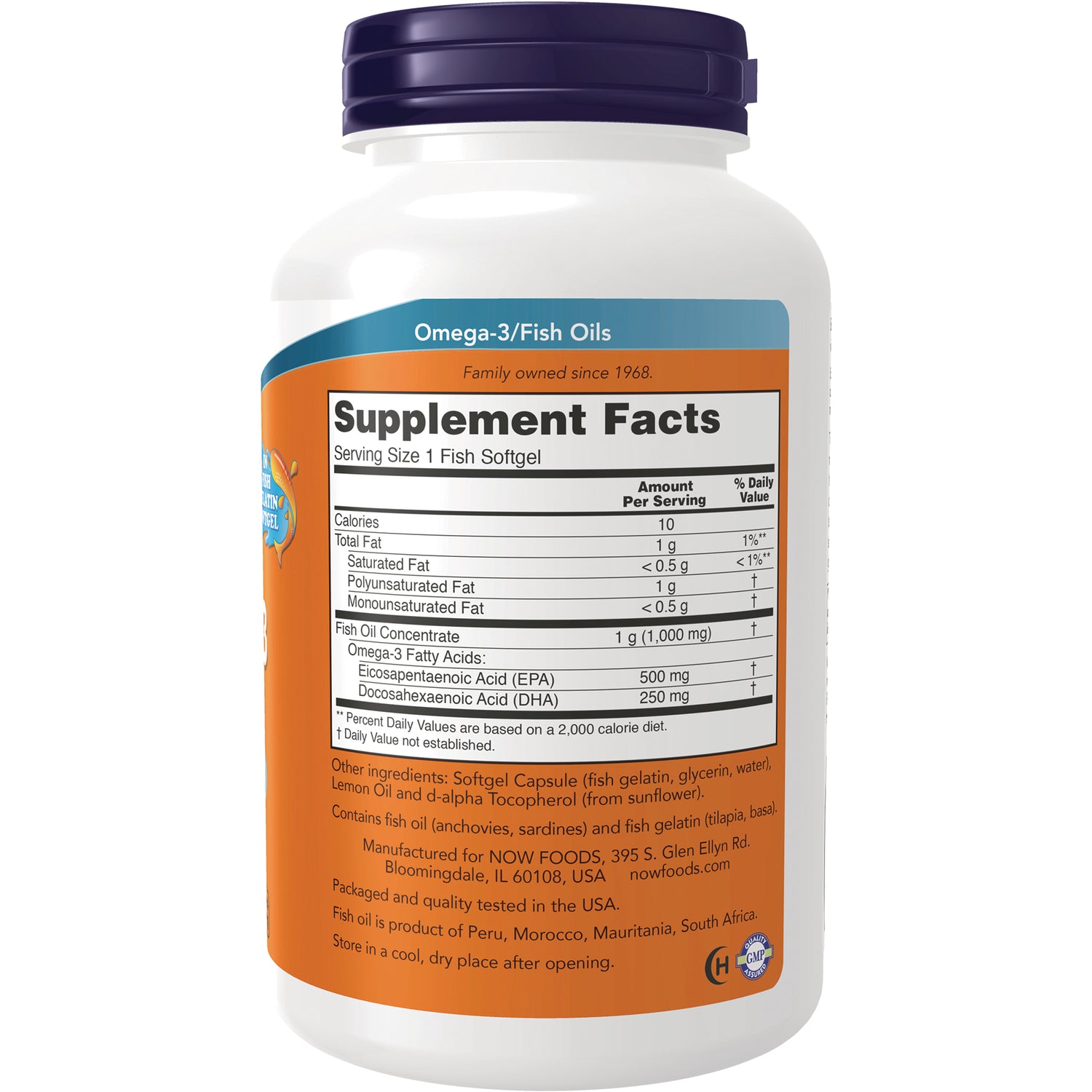 NWF1453 | Back of omega-3 fish oil bottle showing Supplement Facts panel and ingredients, serving size 1 fish softgel