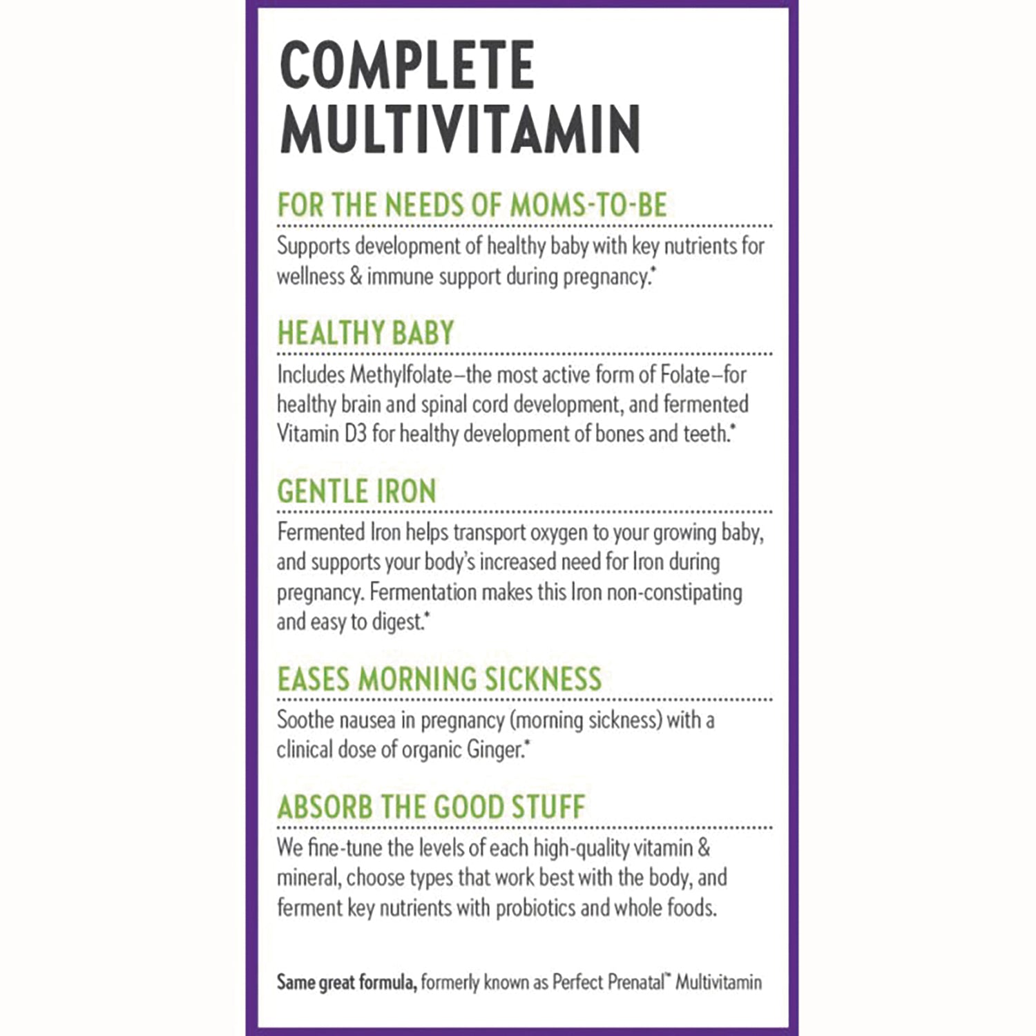 NWC185 | Complete multivitamin infographic for moms-to-be listing healthy baby, gentle iron, eases morning sickness, absorb the good stuff