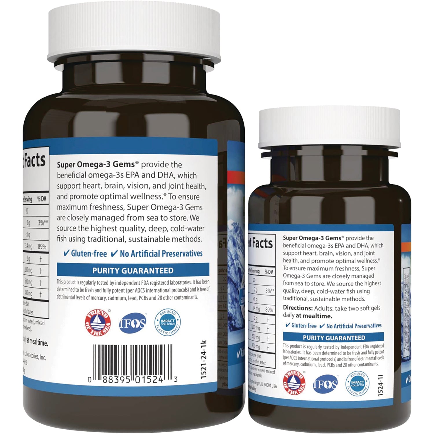 Two brown supplement bottles showing back labels with text Super Omega-3 Gems and PURITY GUARANTEED panels