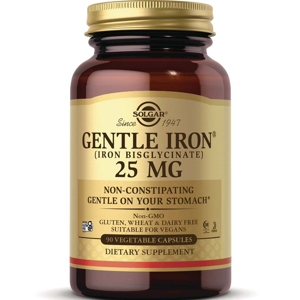 Solgar Gentle Iron 25 mg amber bottle with gold label reading non-constipating, 90 vegetable capsules dietary supplement - Thumbnail