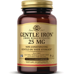 Solgar Gentle Iron 25 mg amber bottle with gold label reading non-constipating, 90 vegetable capsules dietary supplement