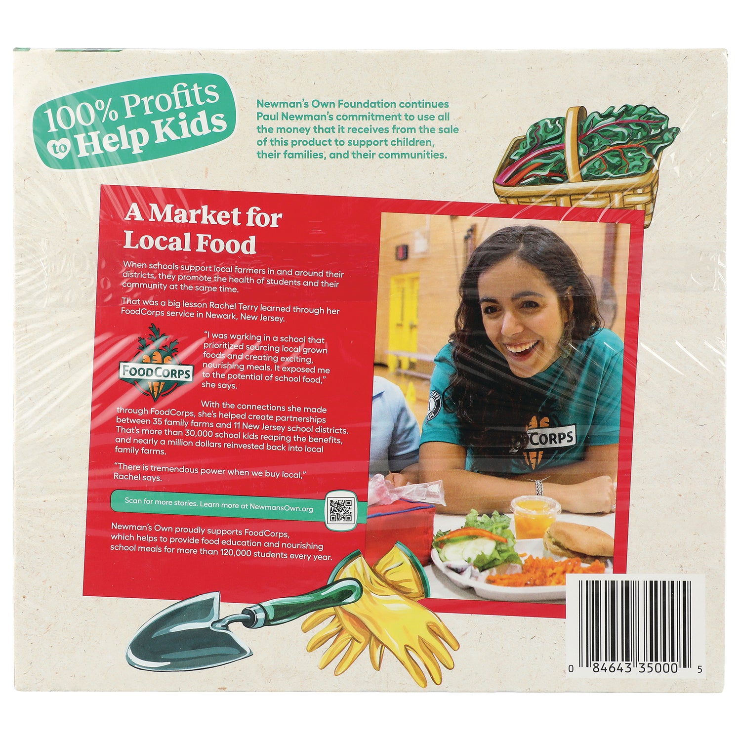 NWM024 | Back of package showing A Market for Local Food panel, smiling woman photo, FoodCorps logo and barcode