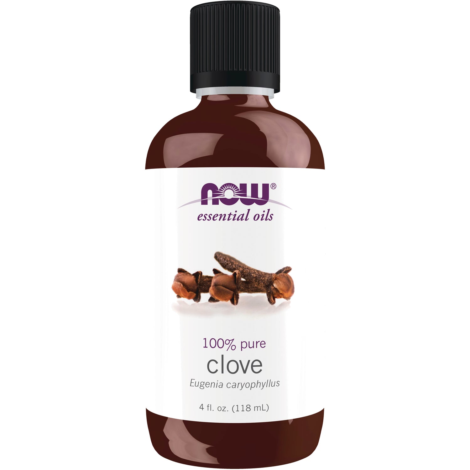 NWF467 | NOW essential oils 100% pure clove bottle 4 fl oz label showing Eugenia caryophyllus
