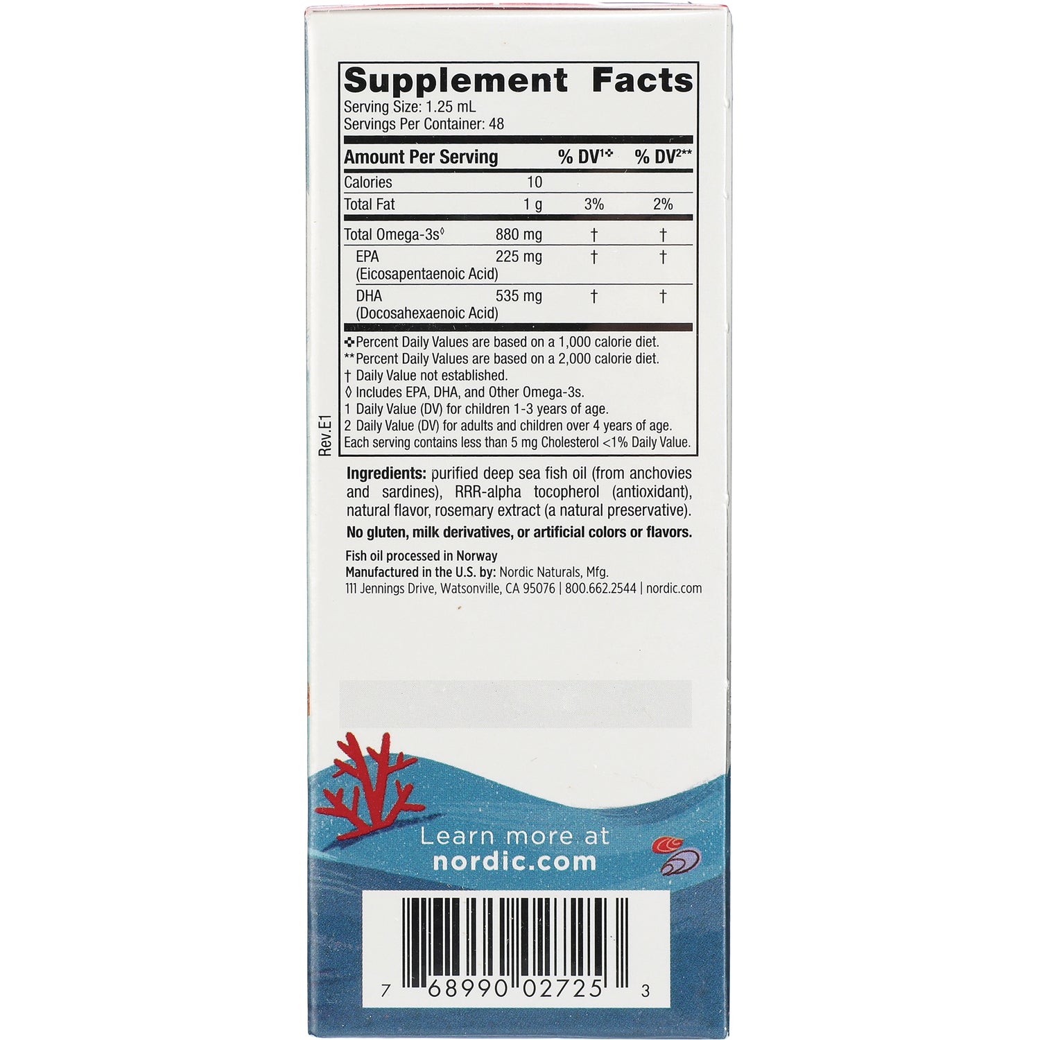 NRN101 | back panel showing Supplement Facts, ingredients, barcode and nordic.com branding