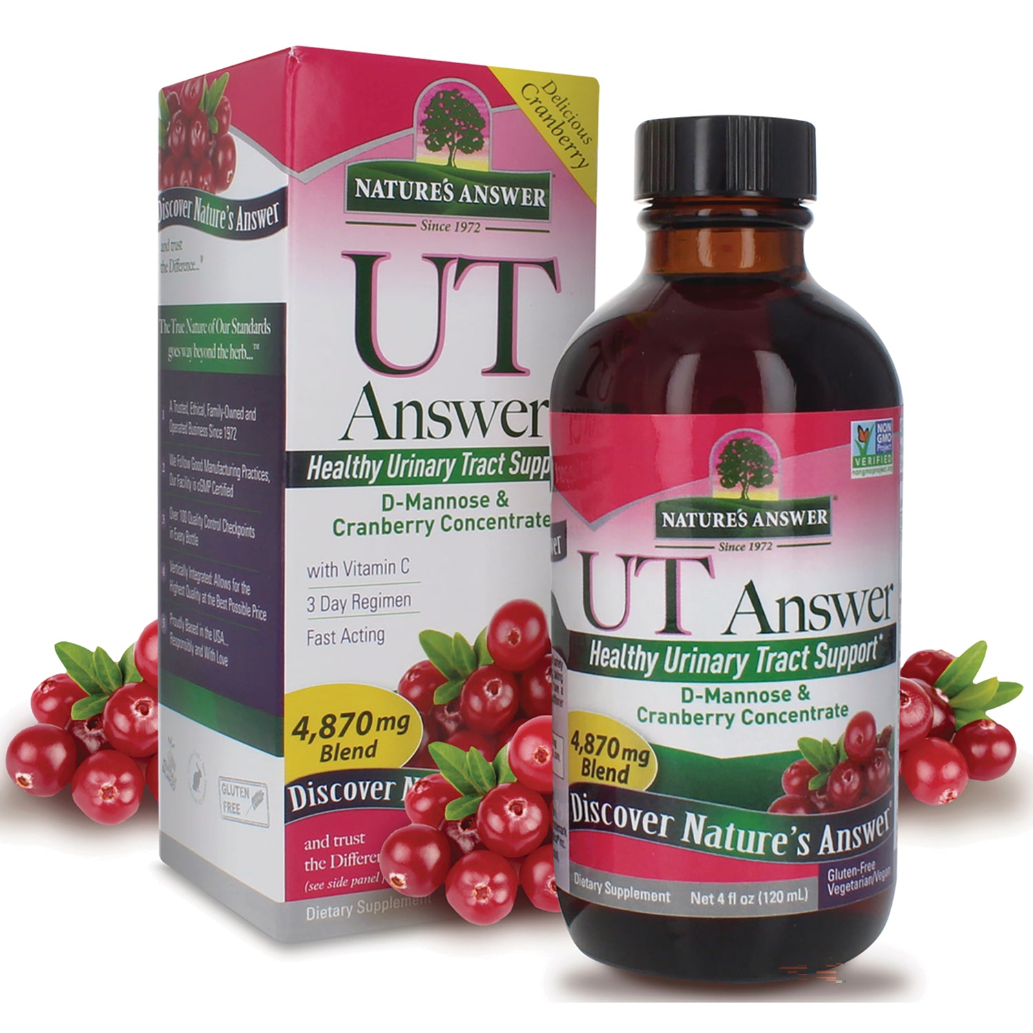 NAT419 | Nature's Answer UT Answer bottle and box with cranberries, D-Mannose & cranberry concentrate supplement