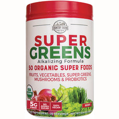 CFR009 | Country Farms Super Greens alkalizing formula front label showing 50 organic super foods, berry flavor