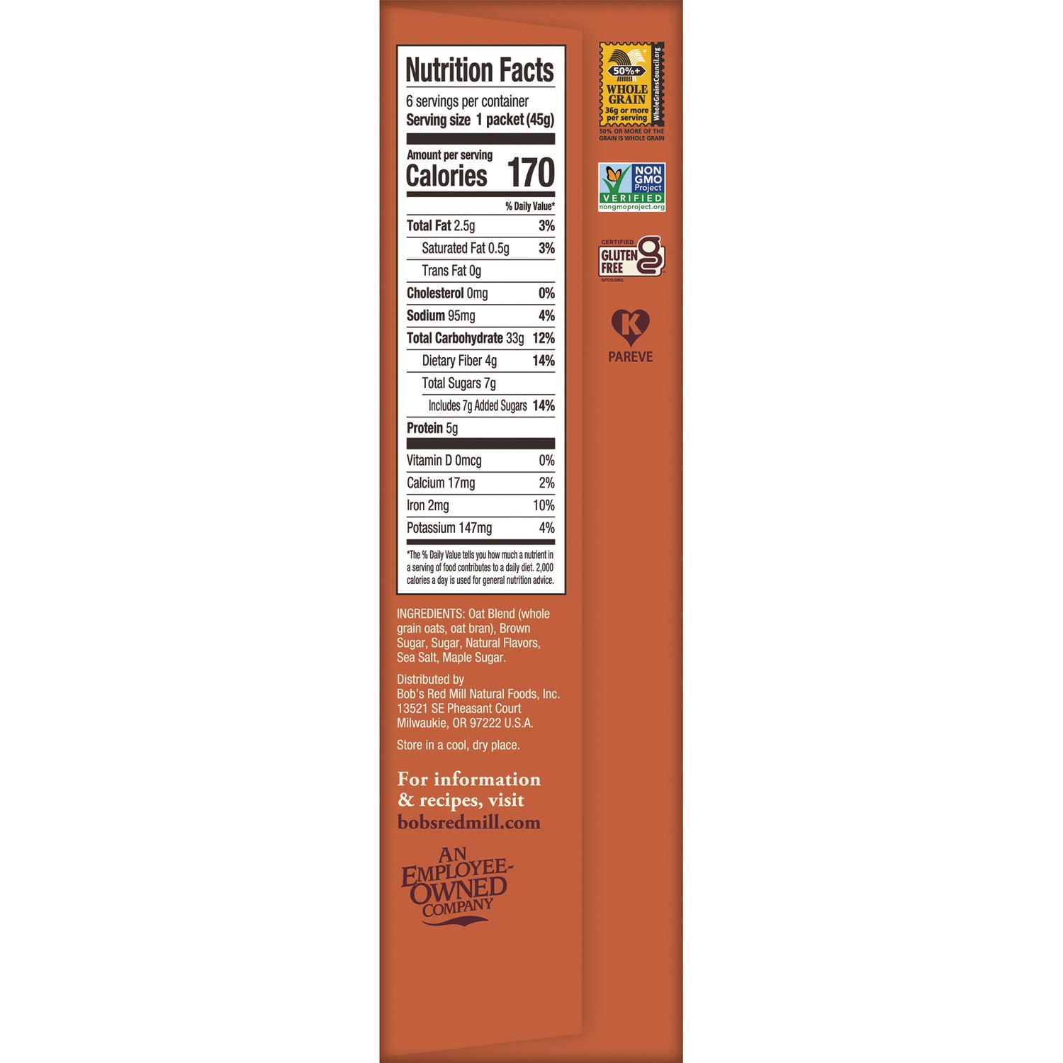 BOB485 | back panel showing Nutrition Facts, ingredients list, and Non-GMO, Gluten Free, whole grain, Pareve icons