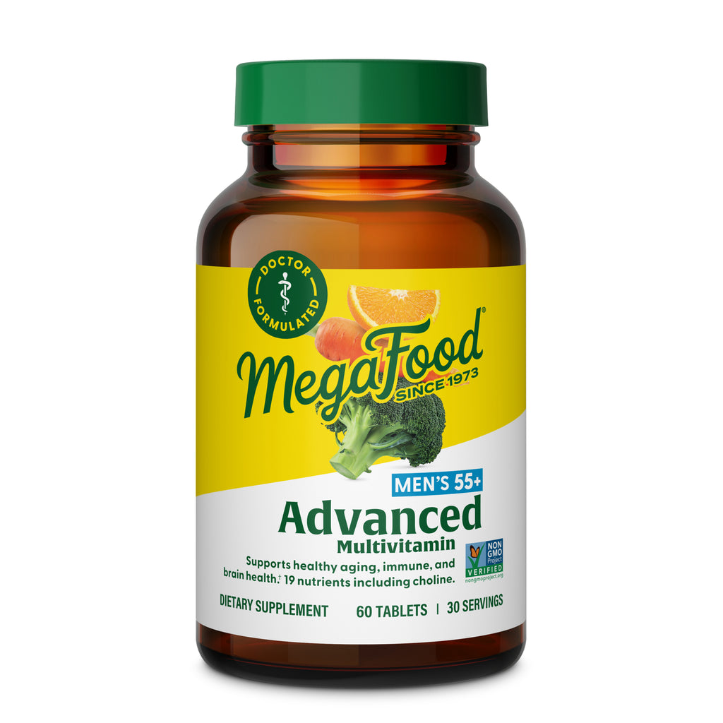 MGF034 | MegaFood Advanced Men's 55+ multivitamin amber bottle with green cap and yellow label showing broccoli and orange, 60 tablets - Thumbnail