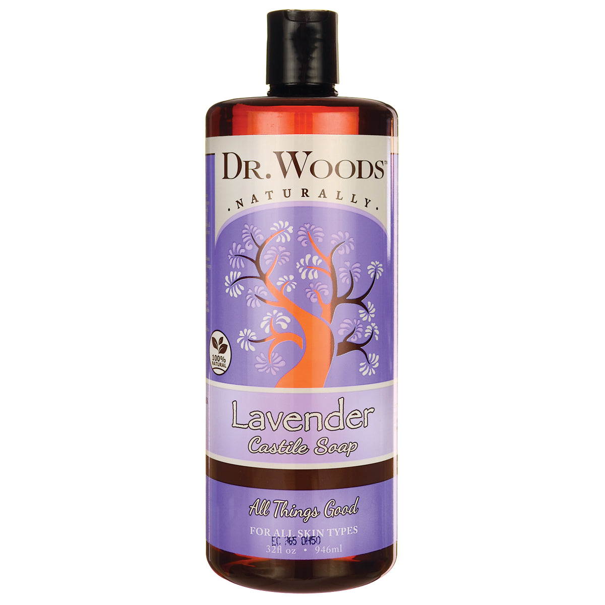 DRW055 | Dr. Woods Lavender Castile Soap bottle with purple tree label, front view