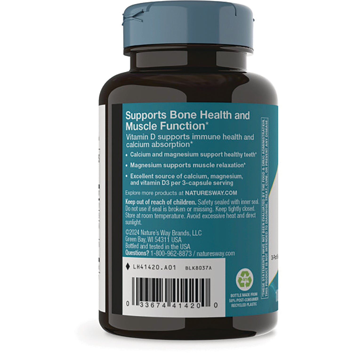 NW372 | Back of supplement bottle label reading Supports Bone Health and Muscle Function with safety text and barcode