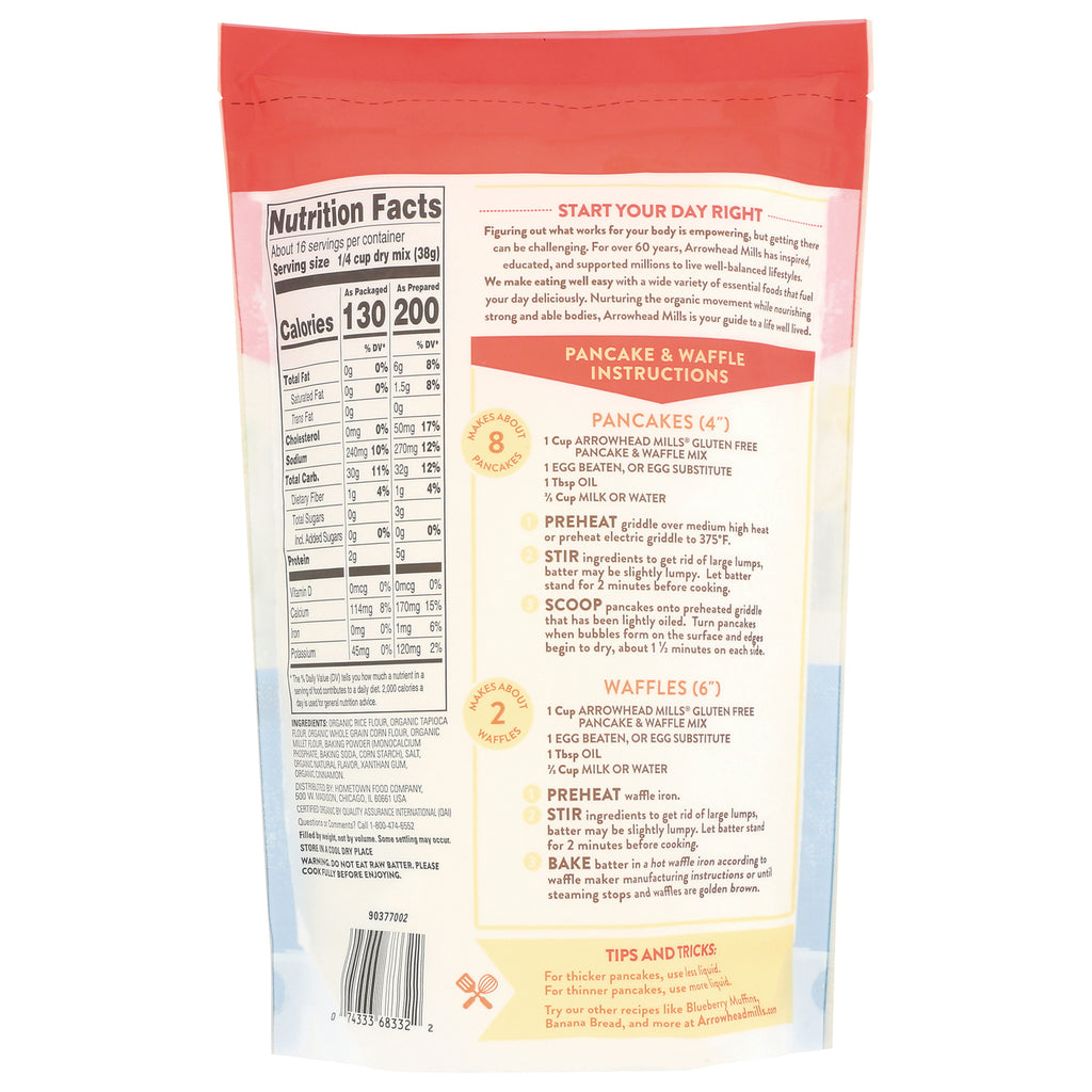 AHM079 | Back of Arrowhead Mills Gluten Free Pancake & Waffle Mix bag with Nutrition Facts and instructions - Thumbnail