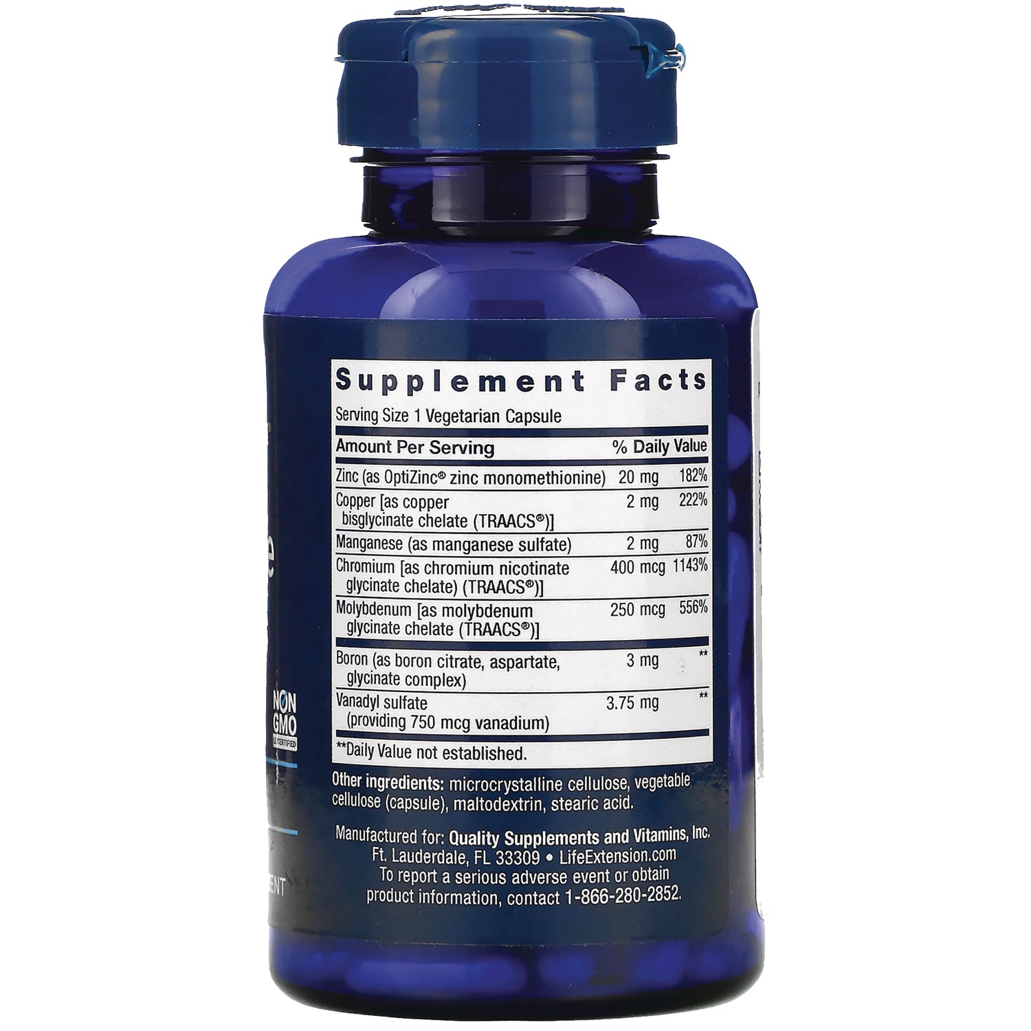 LE246 | Supplement facts panel and ingredient list on back of blue supplement bottle