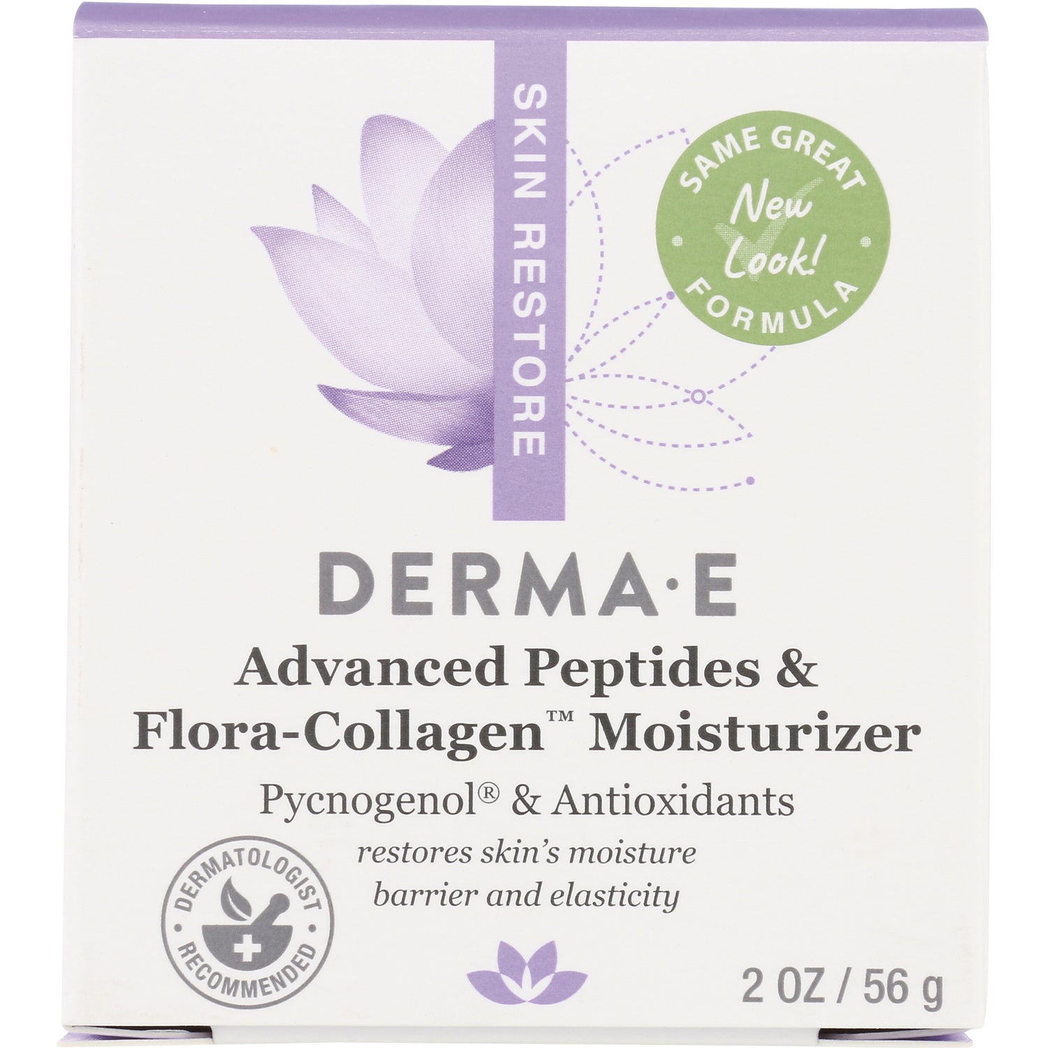 DE081 | DERMA E Advanced Peptides & Flora-Collagen Moisturizer front packaging showing Skin Restore badge and 2 OZ / 56 g