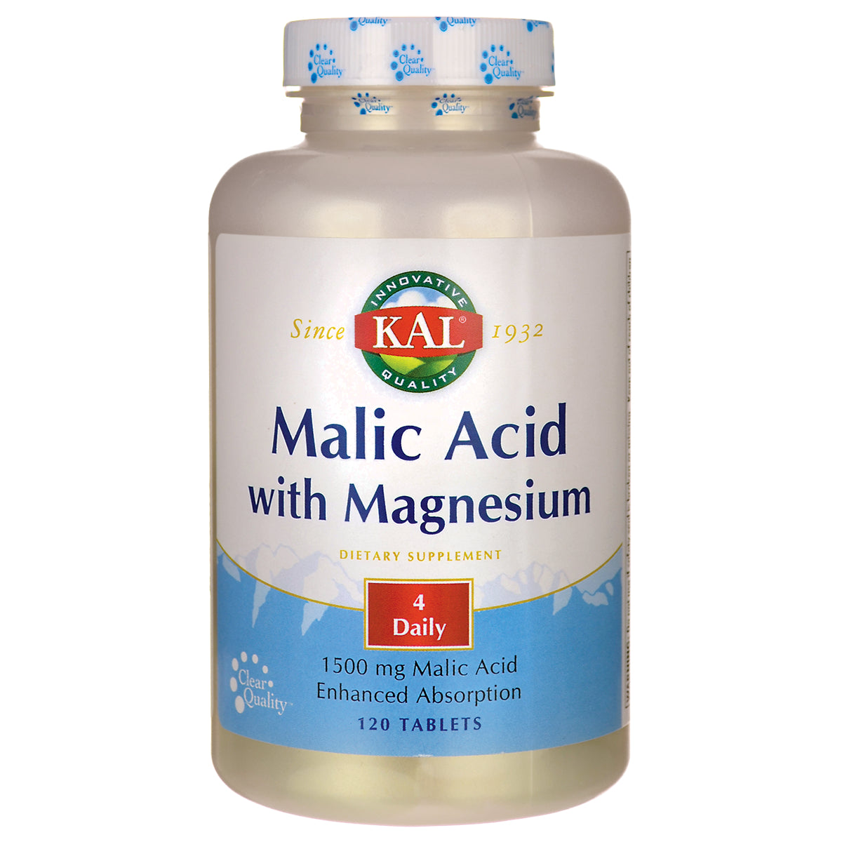 KL492 | KAL Malic Acid with Magnesium bottle, front label shows 120 tablets, 1500 mg, labeled 4 Daily