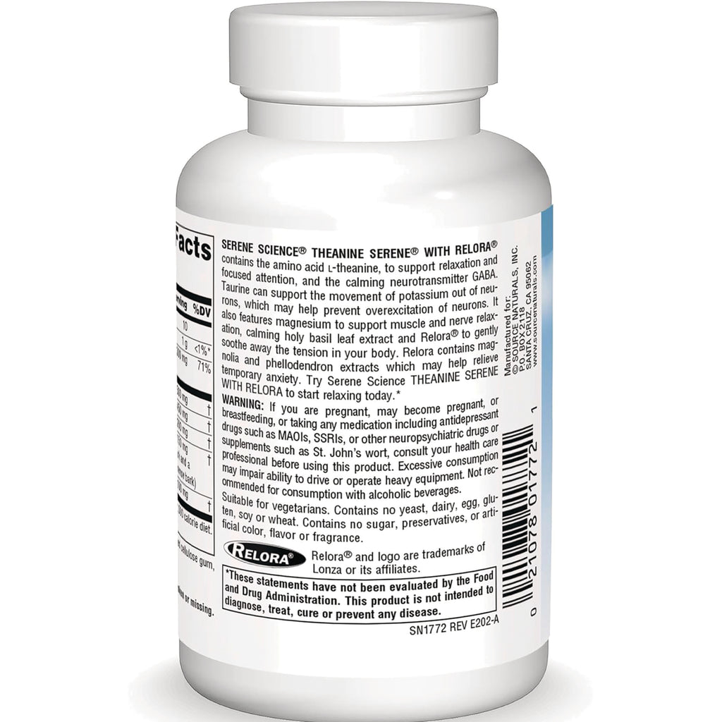 SN364 | Back label with Supplement Facts, warnings, and barcode for Theanine Serene with Relora - Thumbnail