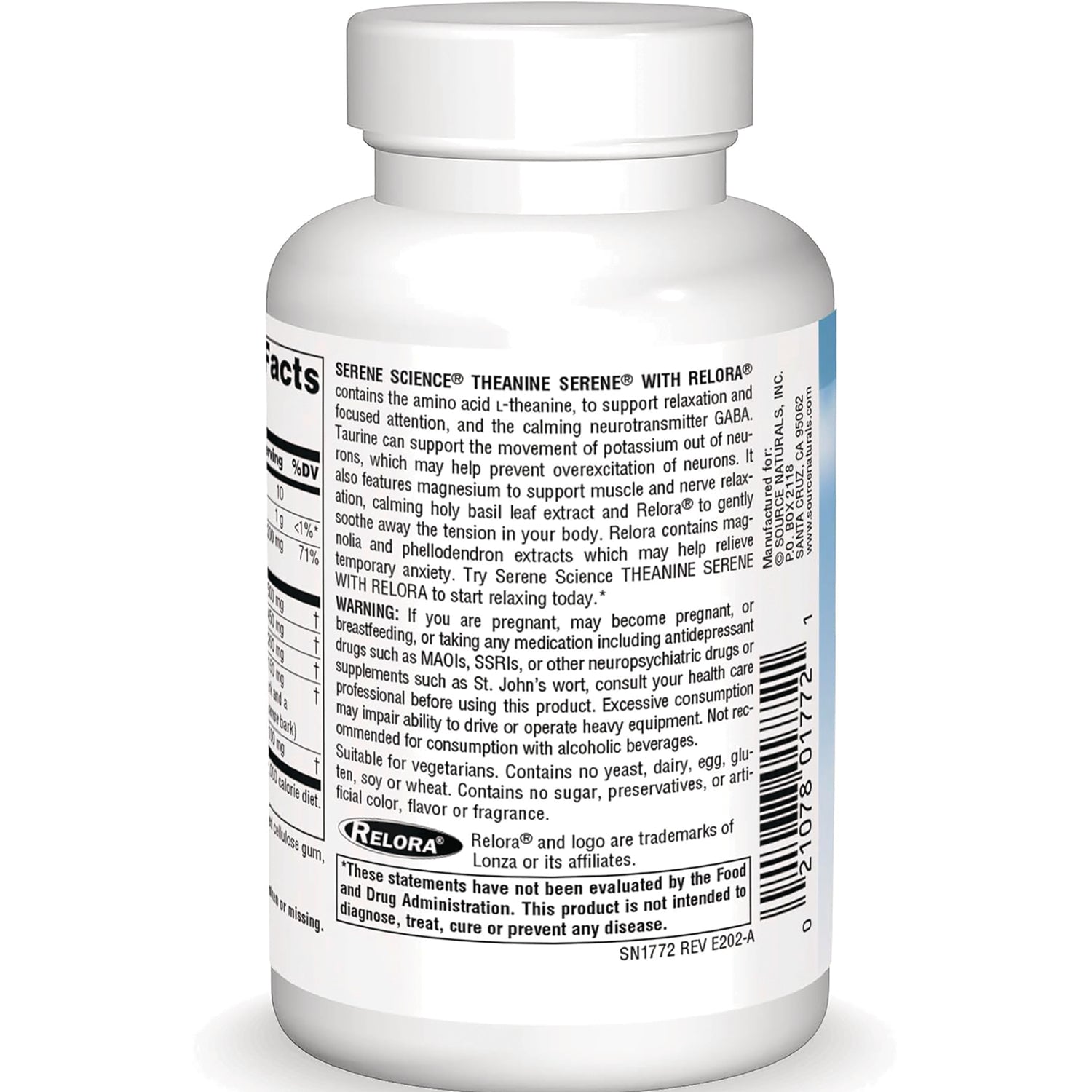 SN364 | Back label with Supplement Facts, warnings, and barcode for Theanine Serene with Relora