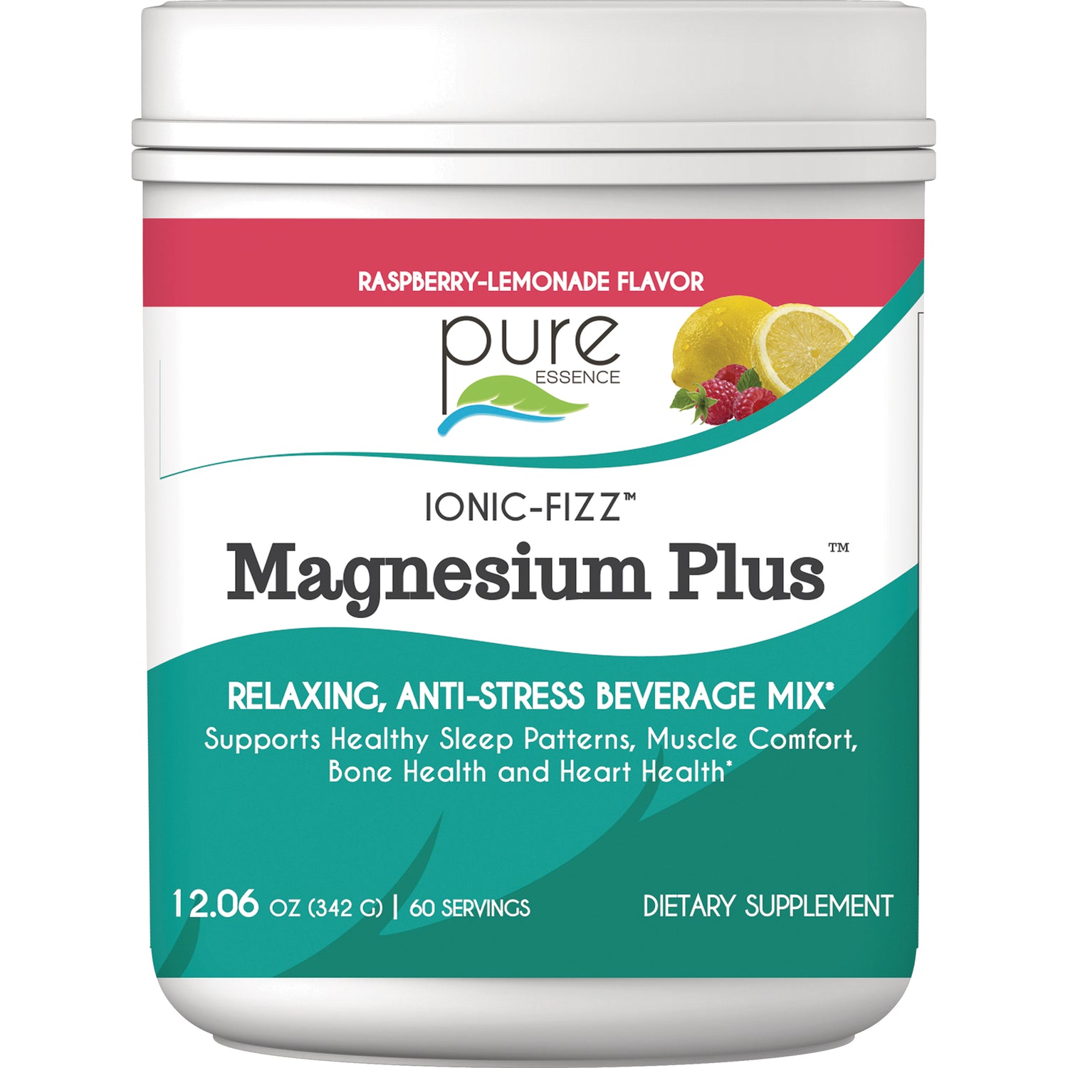PEL001 | Pure Essence Ionic-Fizz Magnesium Plus raspberry-lemonade flavor supplement tub front label, relaxing anti-stress beverage mix, 60 servings