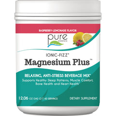 PEL001 | Pure Essence Ionic-Fizz Magnesium Plus raspberry-lemonade flavor supplement tub front label, relaxing anti-stress beverage mix, 60 servings
