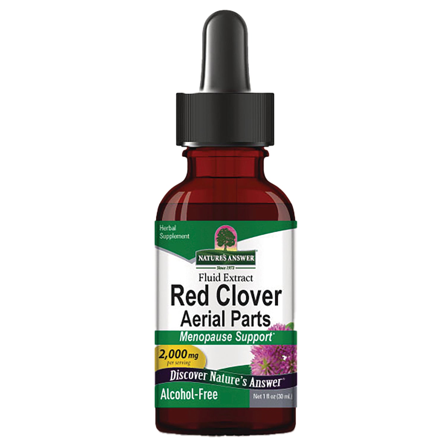 NAT082 | amber dropper bottle labeled Red Clover Aerial Parts fluid extract Menopause Support Alcohol-Free