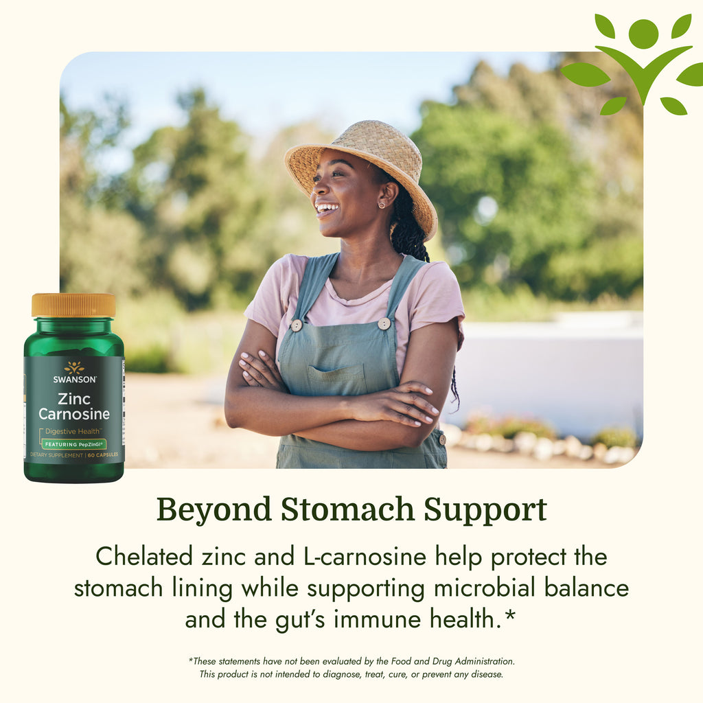 SWU281 | Woman smiling outdoors beside Swanson Zinc Carnosine supplement infographic - Thumbnail