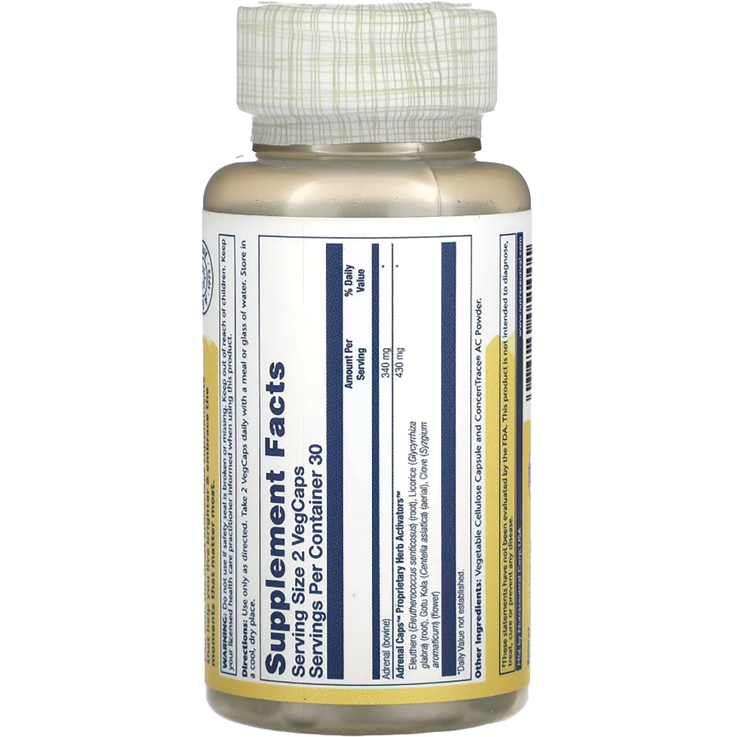 SLR189 | bottle back label showing Supplement Facts panel and dosing and ingredient columns