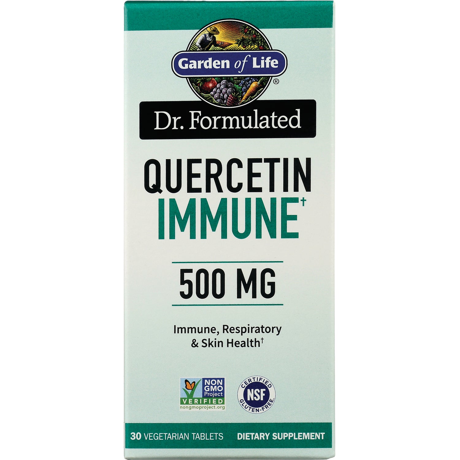 GLF360 | Garden of Life Dr. Formulated Quercetin Immune 500 MG box front showing label with Non GMO Project and NSF logos