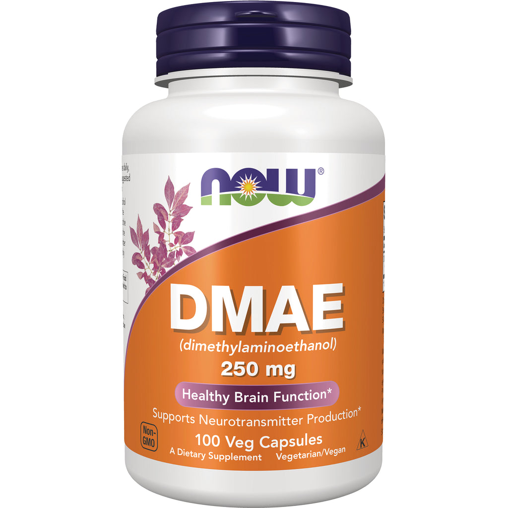 NWF741 | NOW DMAE 250 mg white bottle labeled DMAE (dimethylaminoethanol), 100 veg capsules dietary supplement - Thumbnail