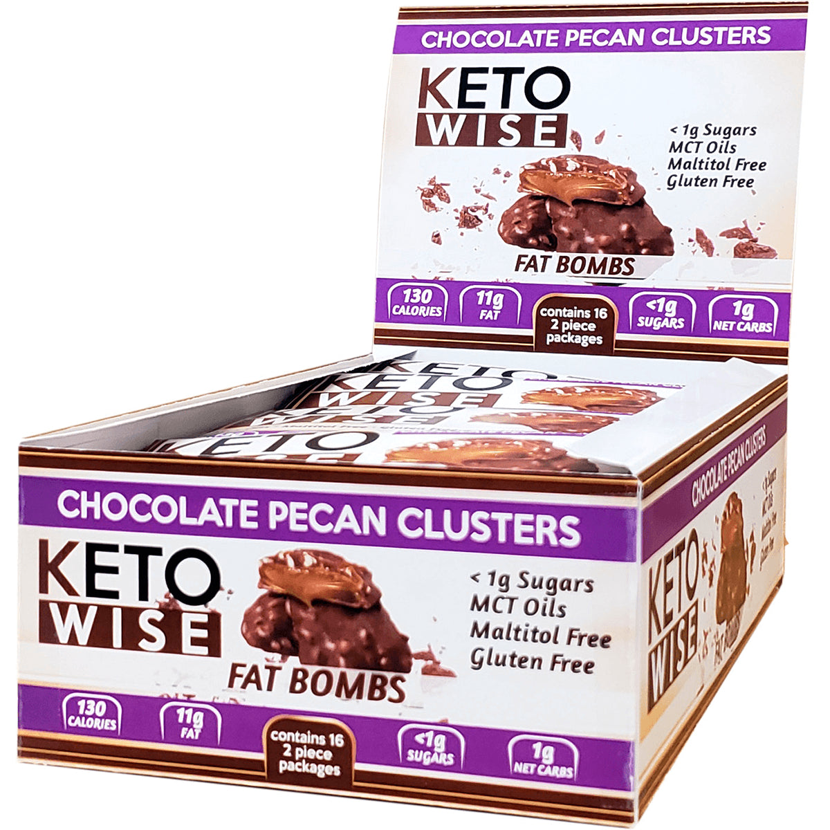 KW001 | Box of Keto Wise Chocolate Pecan Clusters fat bombs with purple labeling and nutrition callouts