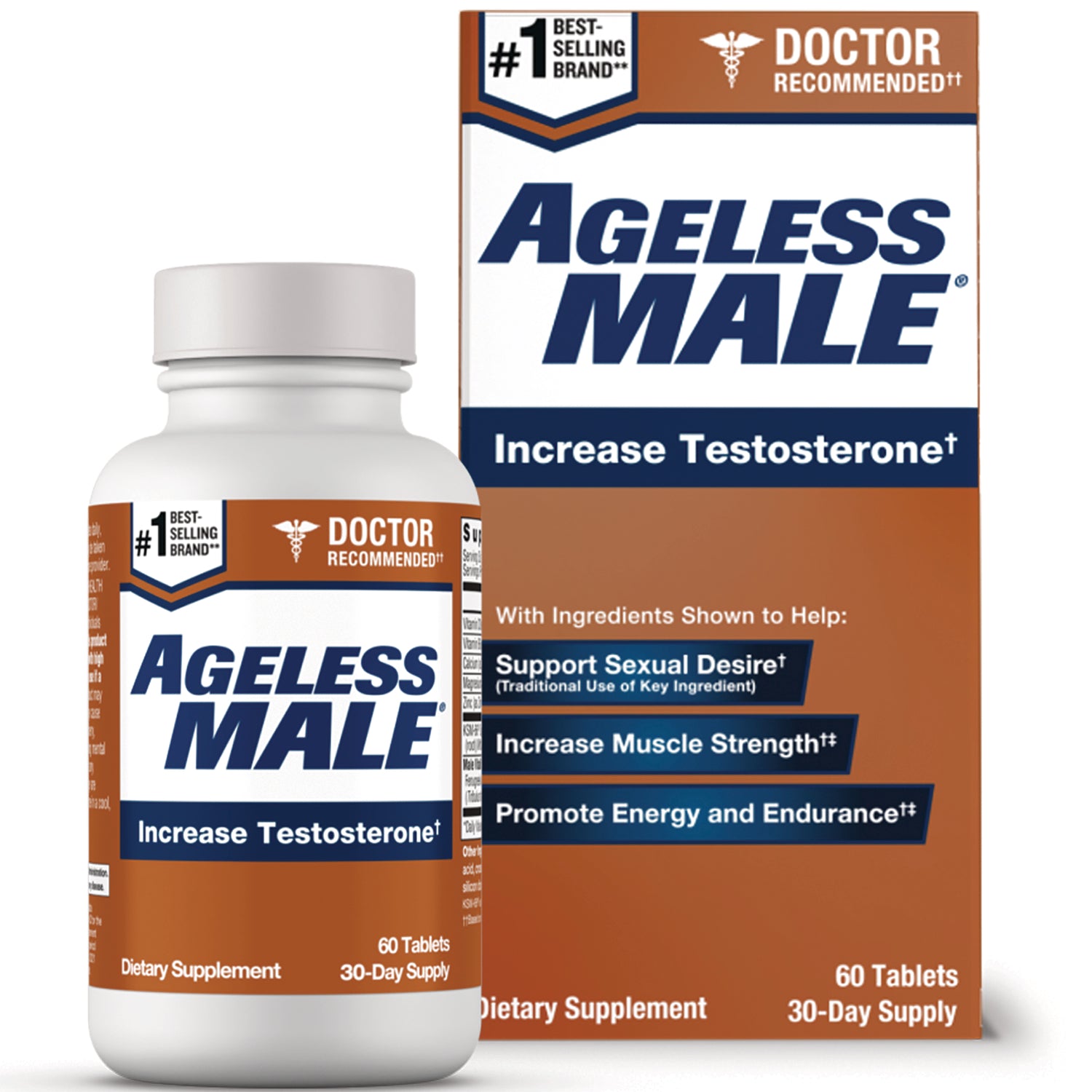 NWV009 | Ageless Male supplement bottle and box labeled Increase Testosterone, 60 Tablets 30-Day Supply