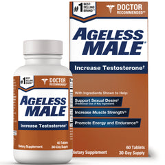NWV009 | Ageless Male supplement bottle and box labeled Increase Testosterone, 60 Tablets 30-Day Supply