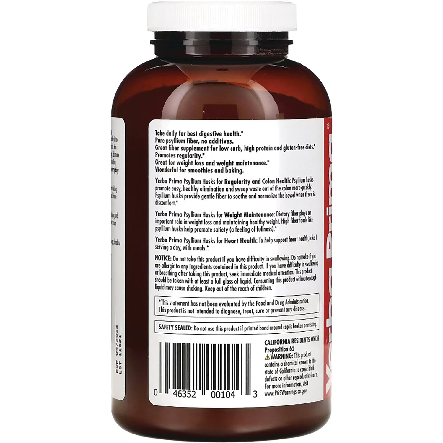 YP002 | Back label of psyllium husk supplement bottle with directions, warnings, and barcode
