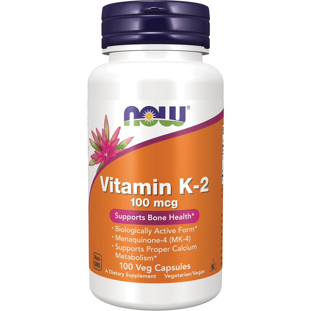 NWF366 | NOW Vitamin K-2 100 mcg supplement bottle with orange label, 100 veg capsules - Thumbnail