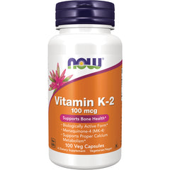 NWF366 | NOW Vitamin K-2 100 mcg supplement bottle with orange label, 100 veg capsules
