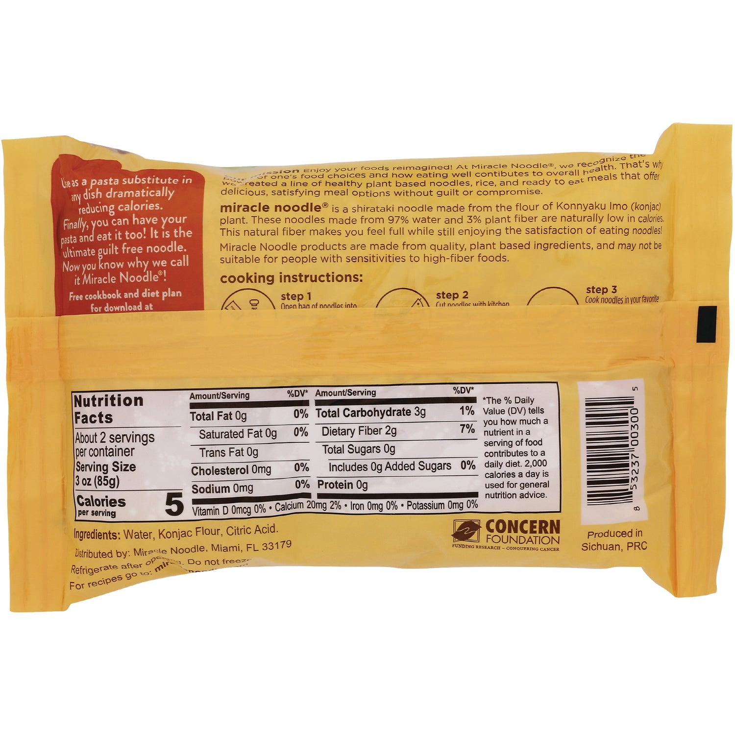 MIR001 | Back of yellow Miracle Noodle package showing Nutrition Facts panel, barcode, and ingredients