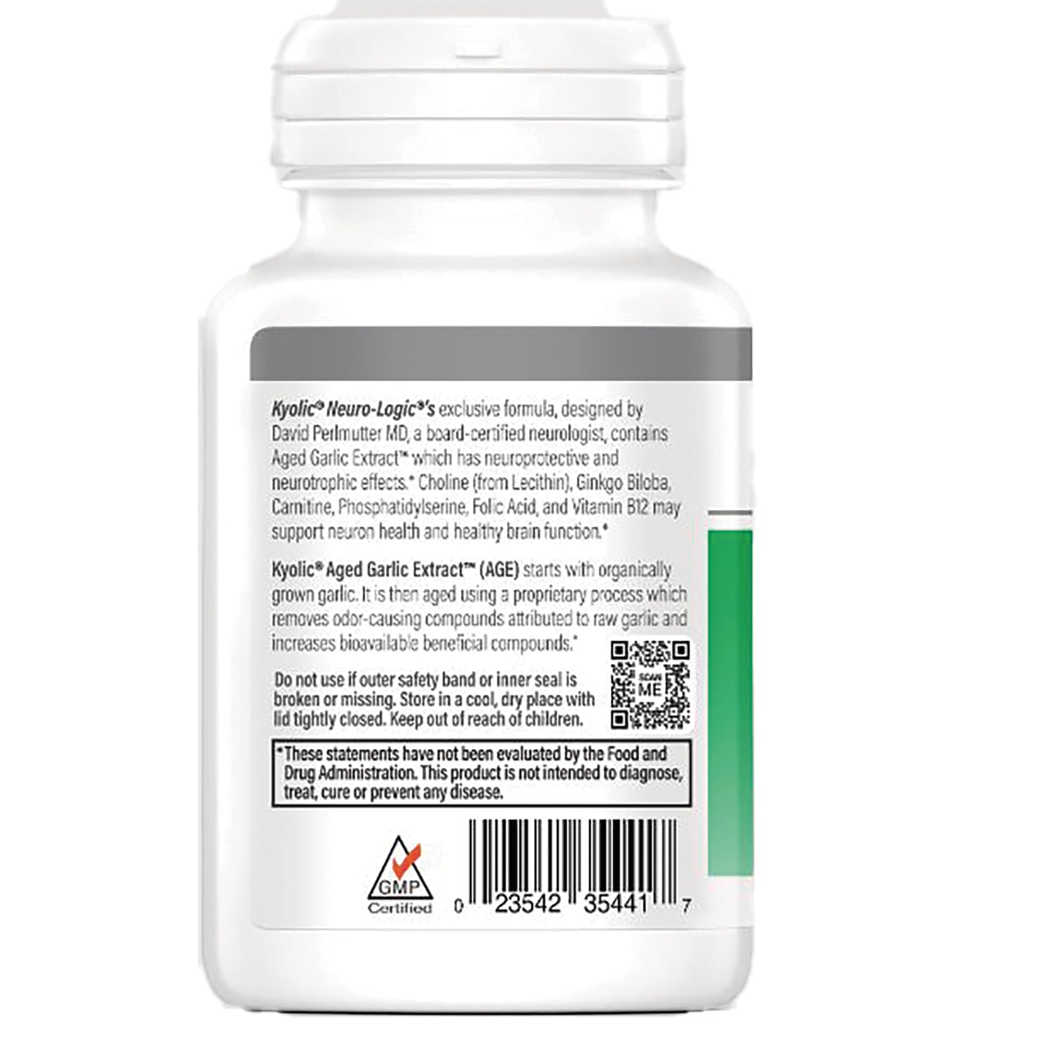 KY050 | back label of white supplement bottle showing ingredients, warnings, QR code and barcode