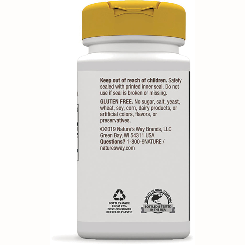 NW860 | Back of white supplement bottle with yellow cap showing warnings, gluten-free claim, contact info, and recycling and quality seals - Thumbnail