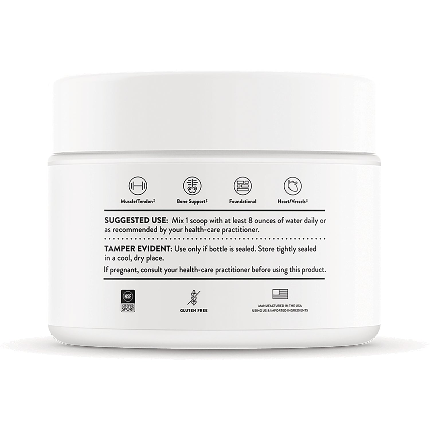 TRN023 | Back label with Suggested Use: Mix 1 scoop with 8 oz water daily; tamper-evident, gluten-free icons