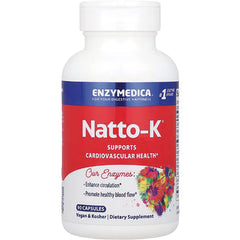 EMD018 | Bottle labeled Natto-K dietary supplement by Enzymedica supporting cardiovascular health, 90 capsules