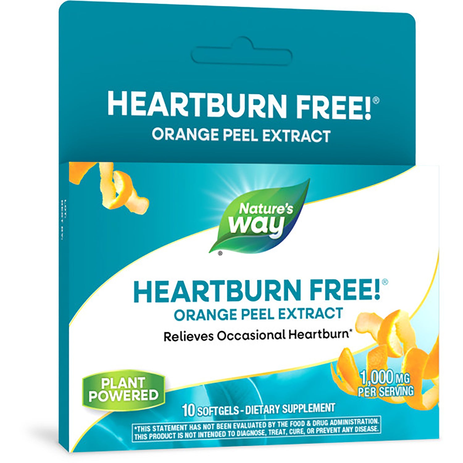 ET367 | Nature's Way HEARTBURN FREE orange peel extract box front showing orange peel image and 10 softgels