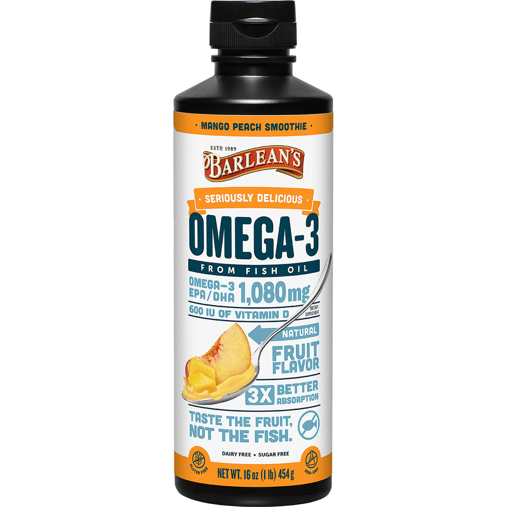 BAR035 | Barlean's Mango Peach Smoothie Omega-3 fish oil, natural fruit flavor bottle 16 oz - Thumbnail