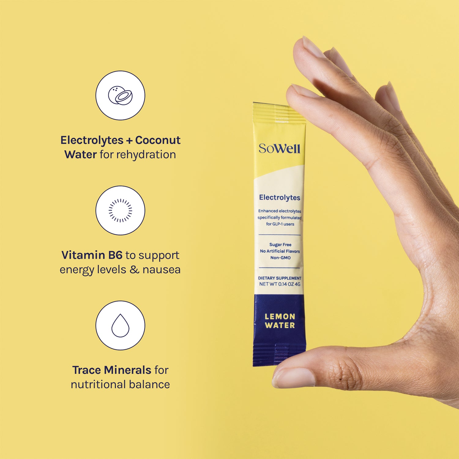 SOW001 | SoWell Electrolytes Lemon Water stick pack with benefits: coconut water, vitamin B6, trace minerals