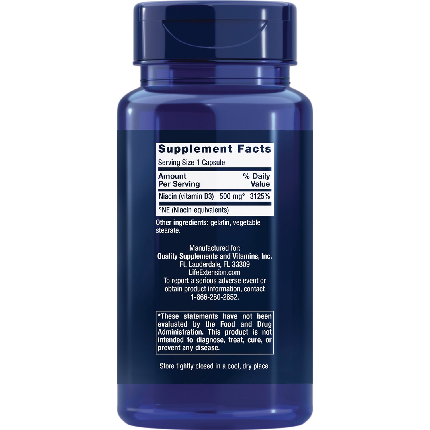 LE361 | Back of blue supplement bottle showing Supplement Facts label, serving size 1 capsule and Niacin 500 mg, manufacturer contact info