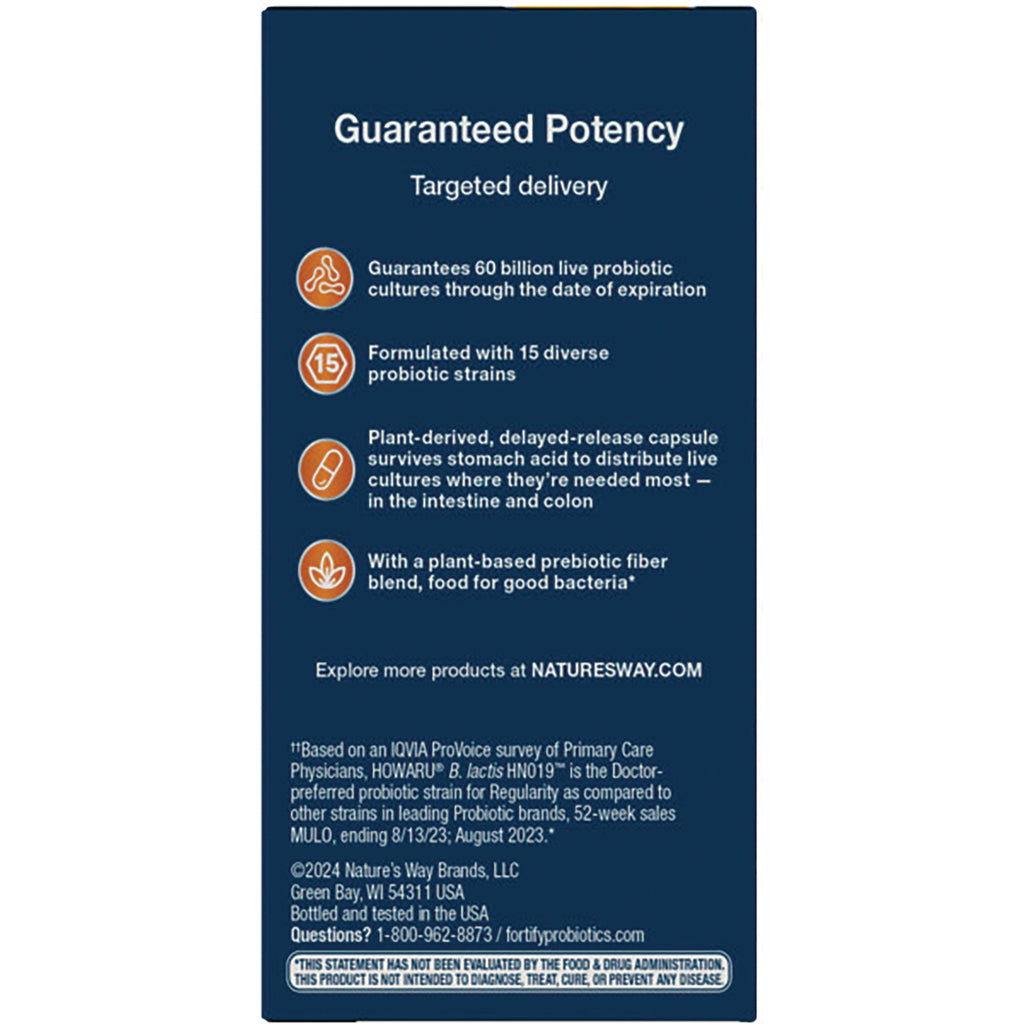 NW803 | Back of navy supplement box titled Guaranteed Potency listing 60 billion probiotics, 15 strains, delayed-release capsule - Thumbnail