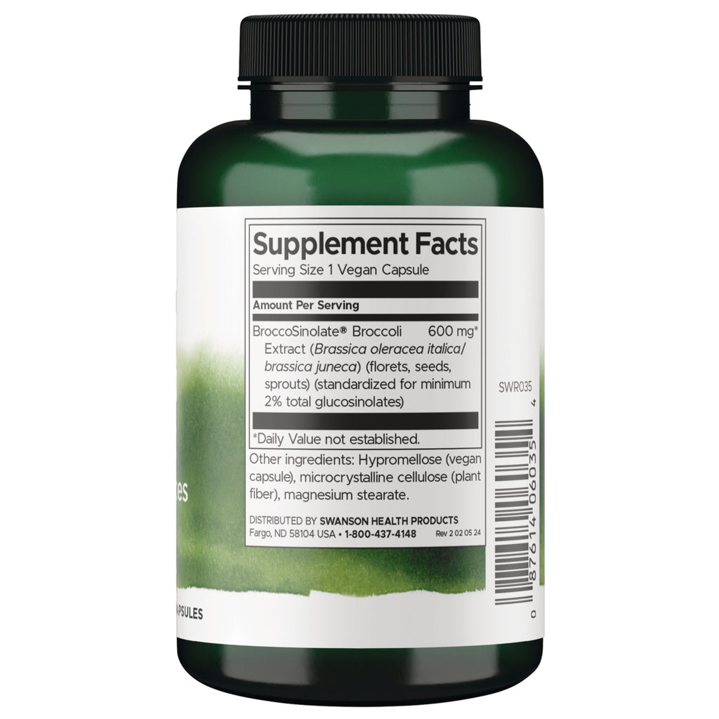 SWR035 | Supplement Facts panel for BroccoSinolate broccoli extract 600 mg, serving size 1 veggie capsule - Thumbnail