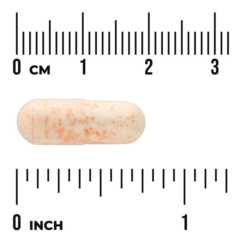 SW761 | Beige capsule with orange specks shown with cm and inch rulers for size - Thumbnail