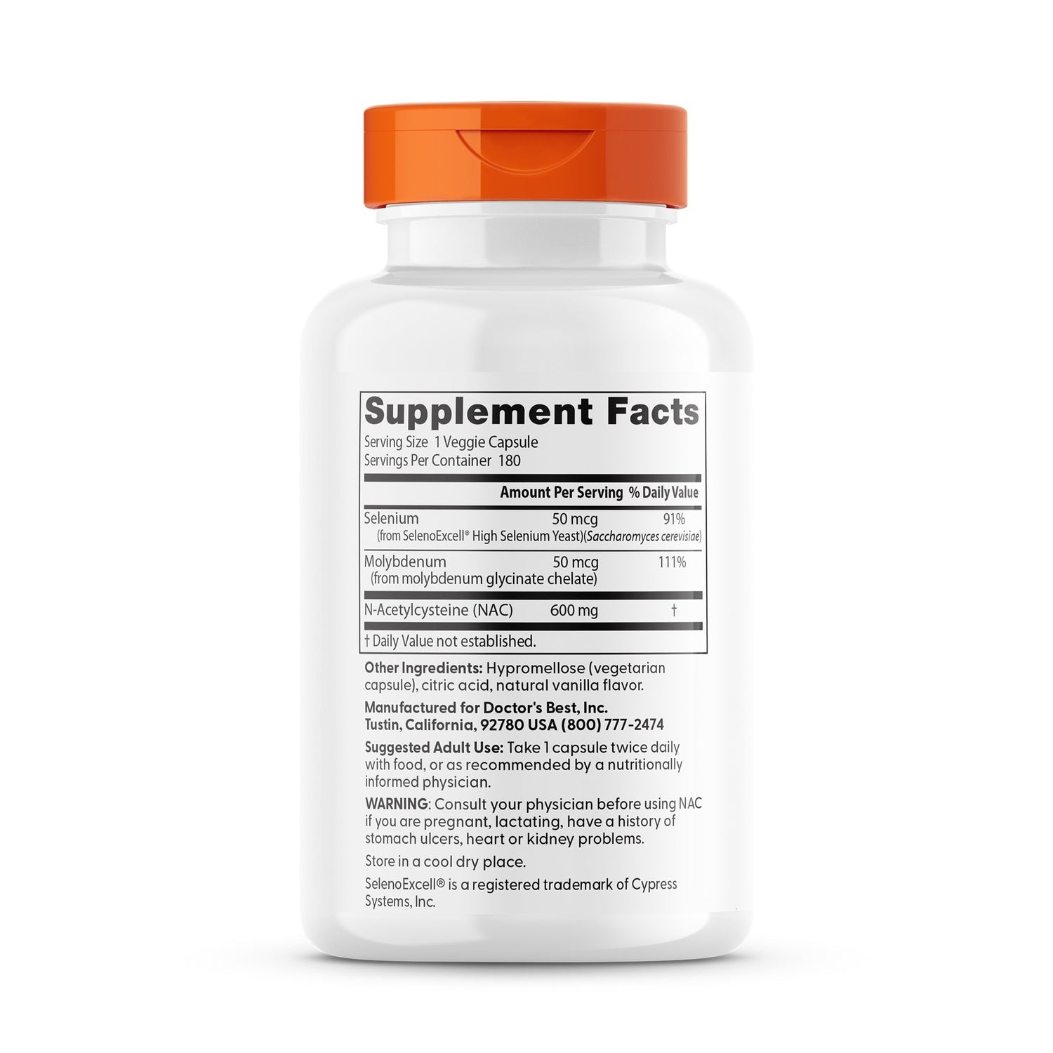 DB268 | back label showing Supplement Facts panel with selenium, molybdenum, NAC 600 mg and other ingredients