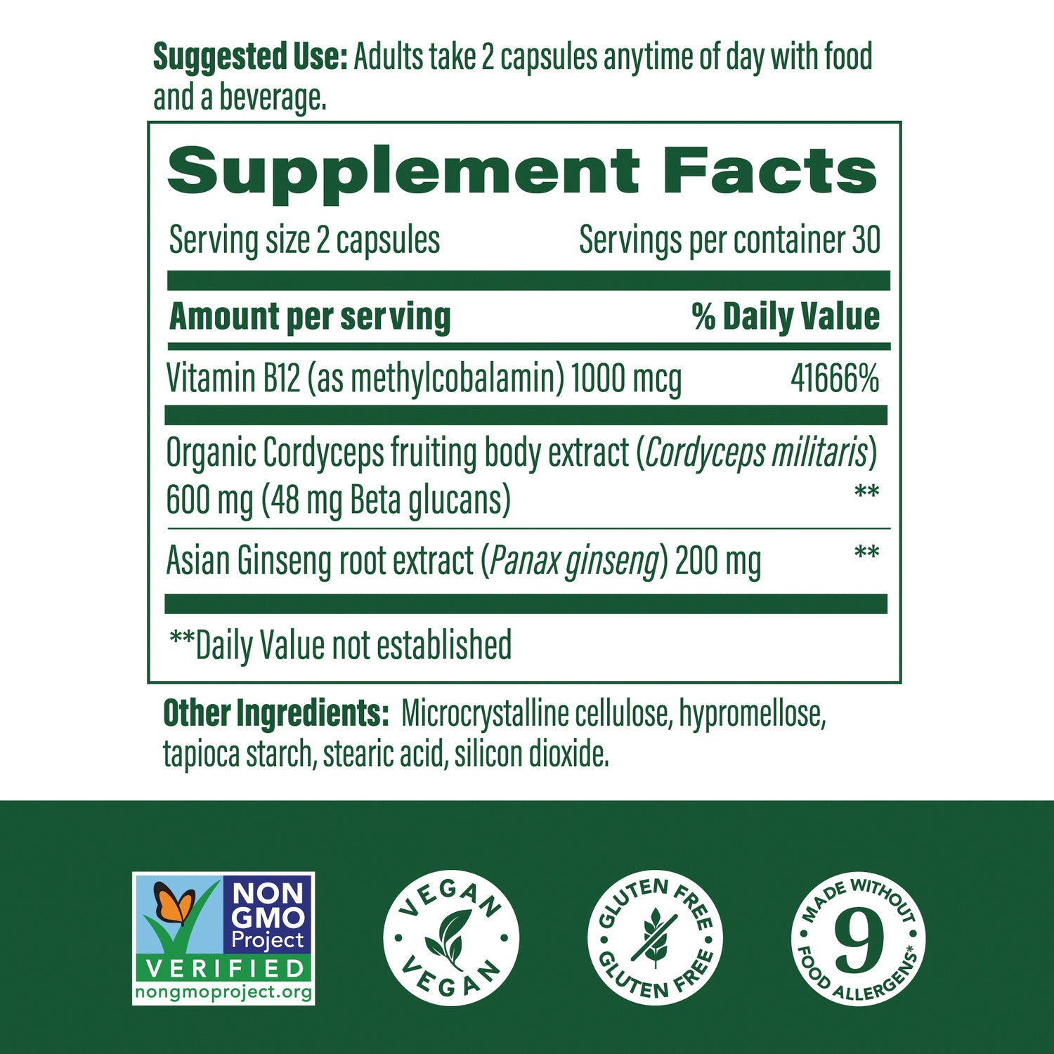 MGF141 | Supplement facts panel showing serving size 2 capsules, Vitamin B12 1000 mcg, cordyceps 600 mg, ginseng 200 mg