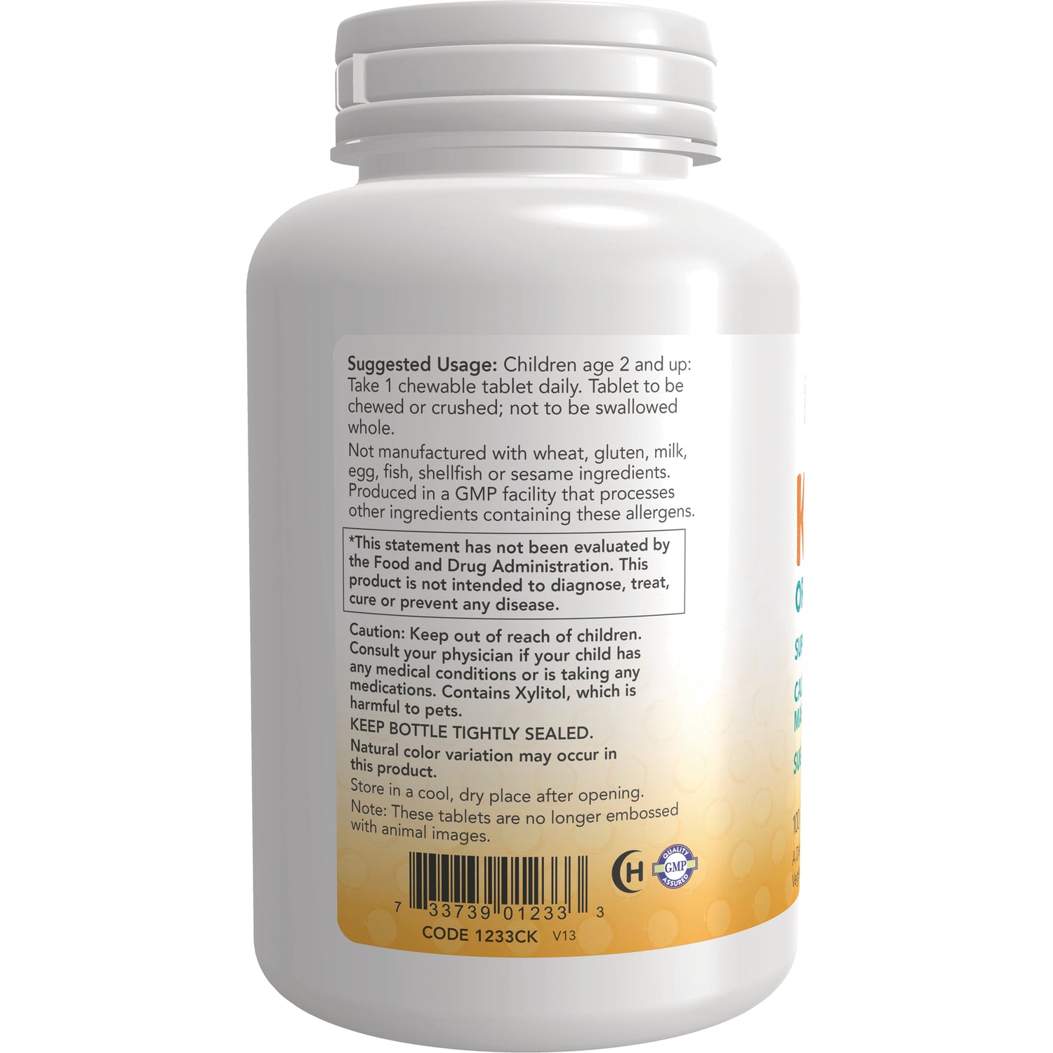 NWF890 | back of white supplement bottle showing suggested usage, warnings and barcode