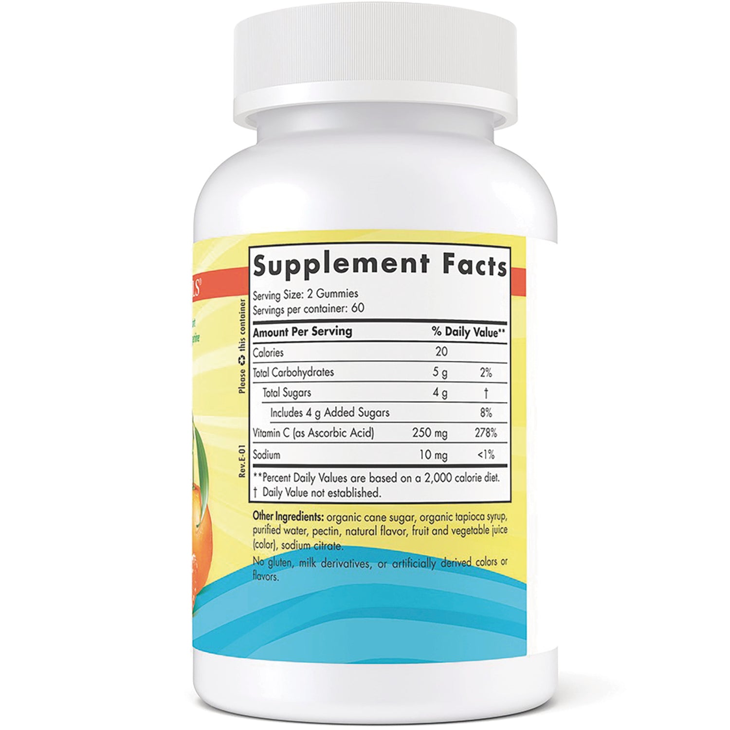 NRN117 | Back of white supplement bottle showing Supplement Facts label, serving size 2 gummies, nutrition and ingredients